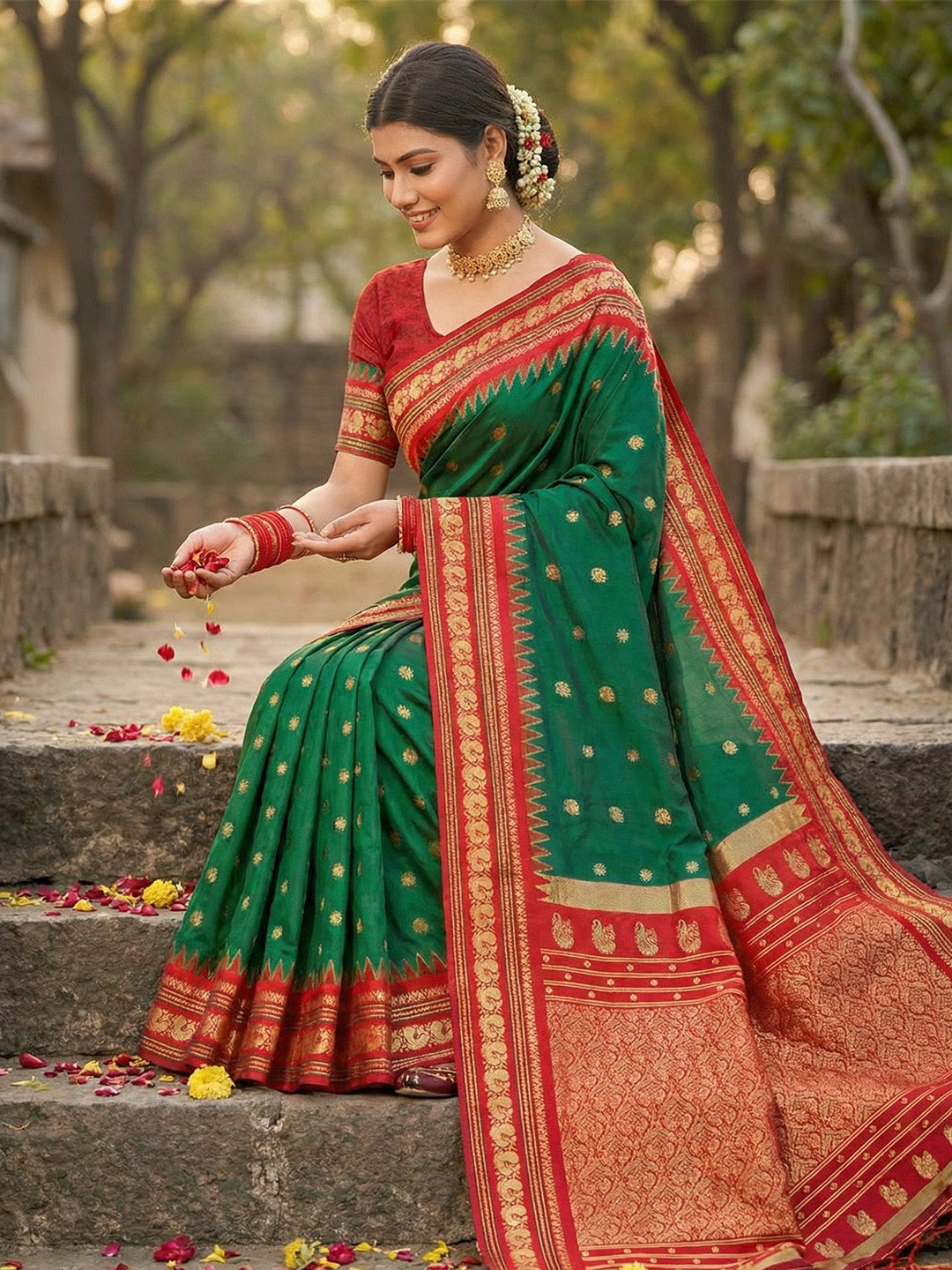 Sutriti Graceful Green Banarasi Silk Saree with Golden Zari Woven Border & Floral Jaal – Wedding & Festive Wear