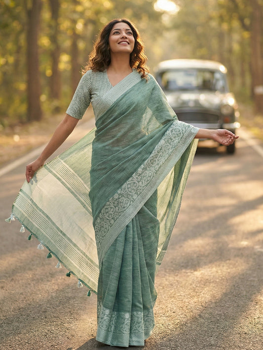 Sutriti Women Teal Green & Silver-Toned Woven Design Linen Blend Saree