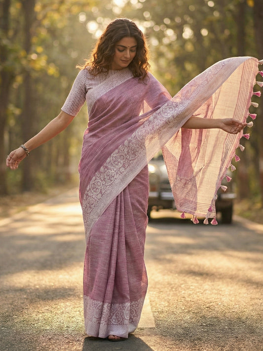 Sutriti Women Mauve Purple & Silver-Toned Woven Design Linen Blend Saree