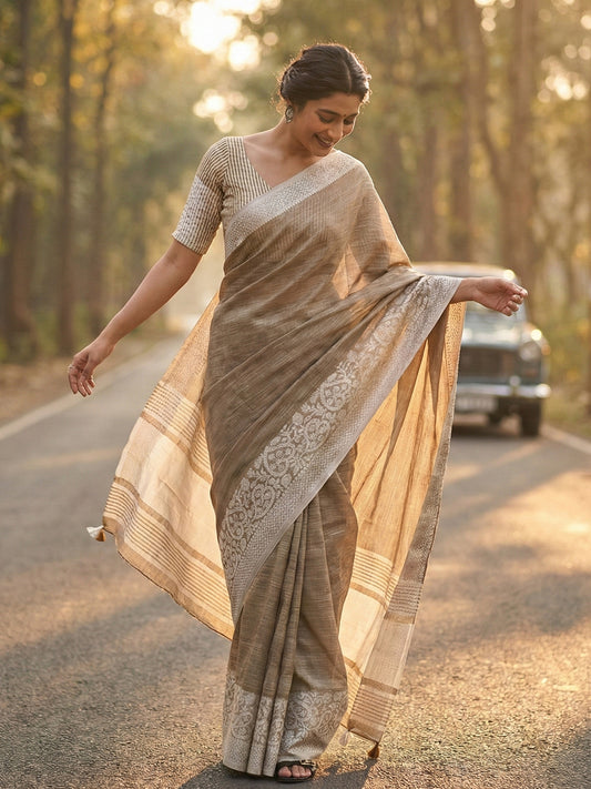 Sutriti Women Beige & Silver-Toned Woven Design Linen Blend Saree