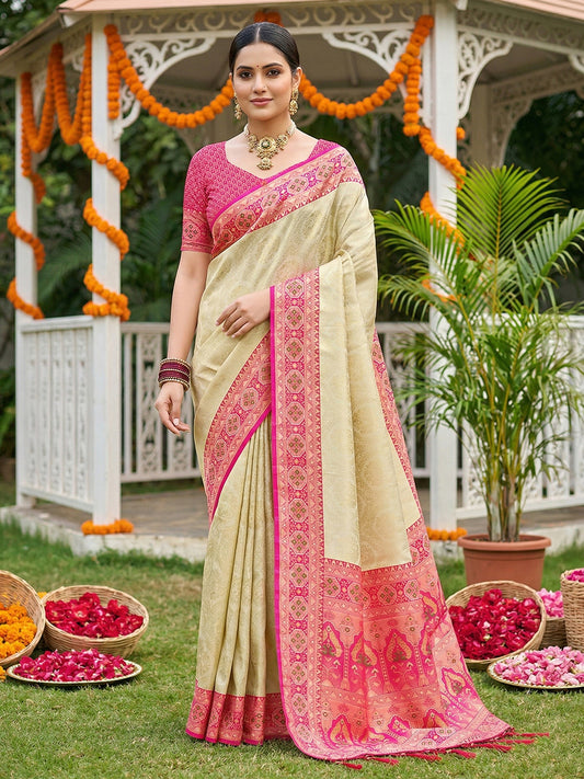 Sutriti Elegant Cream & Hot Pink Soft Silk Kanjivaram Style Saree with Rich Zari Border & Paisley Pallu