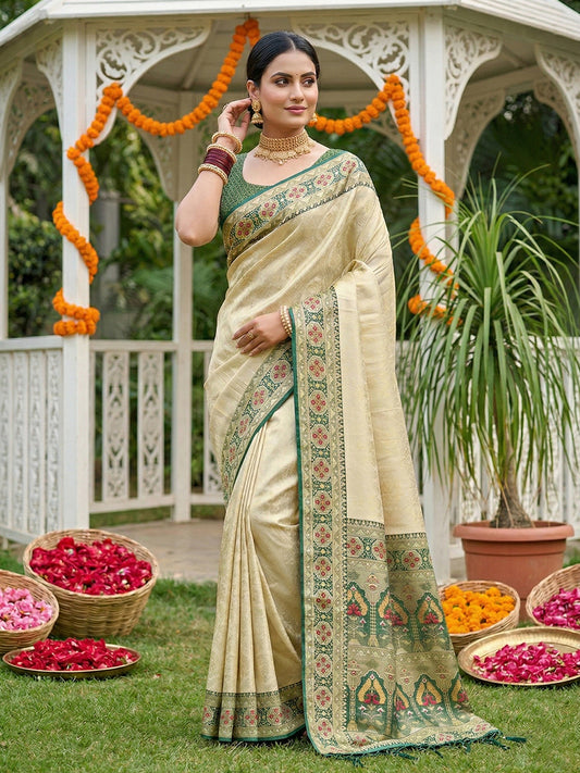 Sutriti Elegant Cream & Green Soft Silk Kanjivaram Style Saree with Rich Zari Border & Paisley Pallu