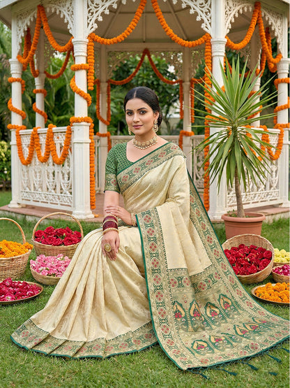 Sutriti Elegant Cream & Green Soft Silk Kanjivaram Style Saree with Rich Zari Border & Paisley Pallu