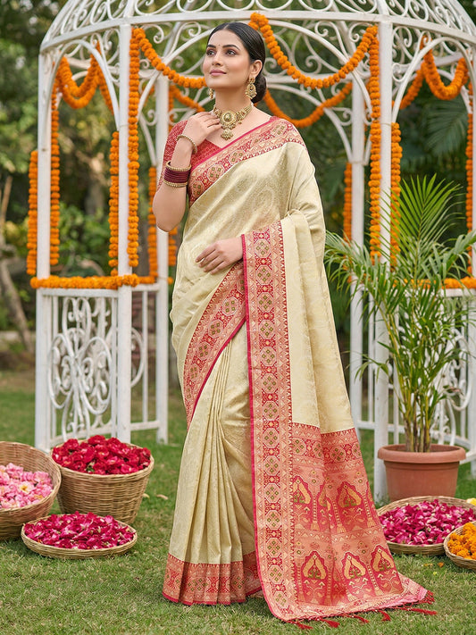 Sutriti Elegant Cream & Red Soft Silk Kanjivaram Style Saree with Rich Zari Border & Paisley Pallu