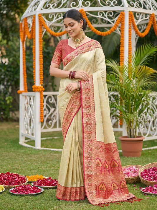 Sutriti Elegant Cream & Red Soft Silk Kanjivaram Style Saree with Rich Zari Border & Paisley Pallu