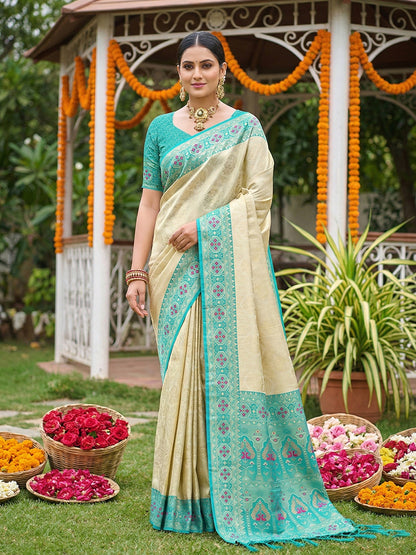 Sutriti Elegant Cream & Turquoise Soft Silk Kanjivaram Style Saree with Rich Zari Border & Paisley Pallu
