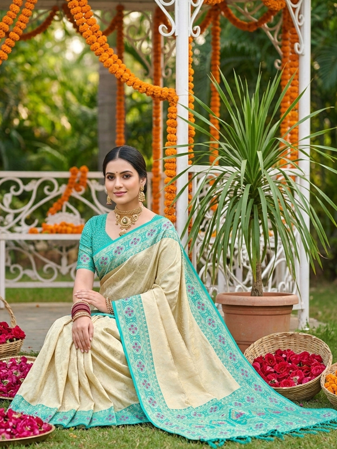 Sutriti Elegant Cream & Turquoise Soft Silk Kanjivaram Style Saree with Rich Zari Border & Paisley Pallu