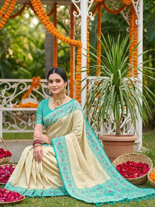 Sutriti Elegant Cream & Turquoise Soft Silk Kanjivaram Style Saree with Rich Zari Border & Paisley Pallu