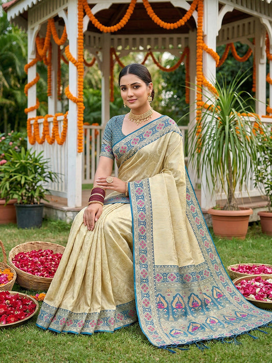 Sutriti Elegant Cream & Teal Soft Silk Kanjivaram Style Saree with Rich Zari Border & Paisley Pallu