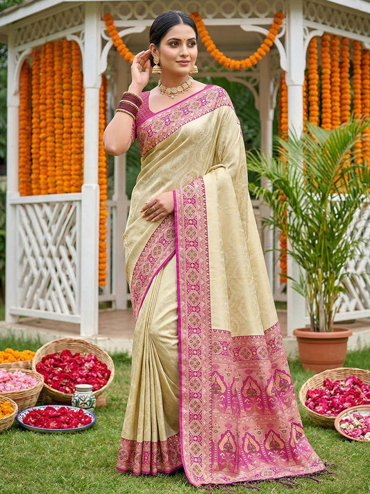 Sutriti Elegant Cream & Magenta Soft Silk Kanjivaram Style Saree with Rich Zari Border & Paisley Pallu