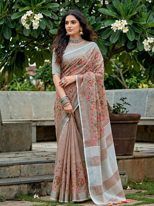Sutriti Women Premium Linen Saree with Placement Embroidery and Tassel Pallu