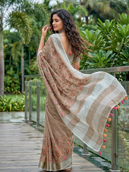 Sutriti Women Premium Linen Saree with Placement Embroidery and Tassel Pallu