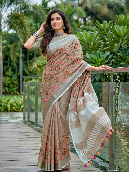 Sutriti Women Premium Linen Saree with Placement Embroidery and Tassel Pallu