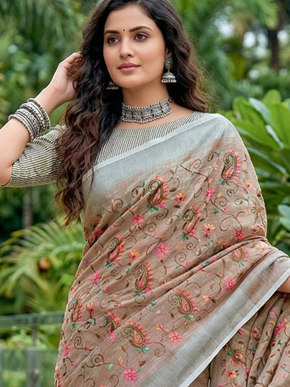 Sutriti Women Premium Linen Saree with Placement Embroidery and Tassel Pallu