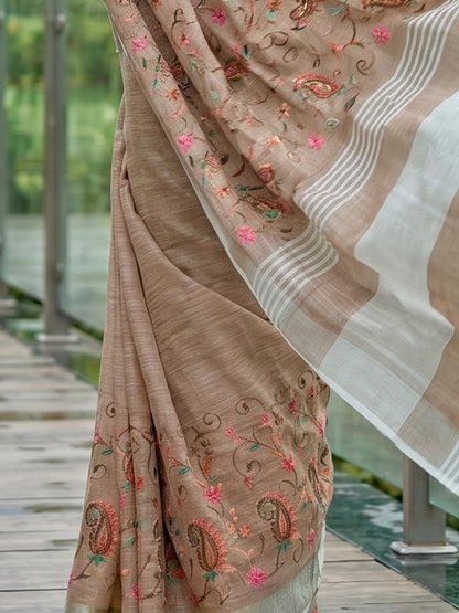 Sutriti Women Premium Linen Saree with Placement Embroidery and Tassel Pallu