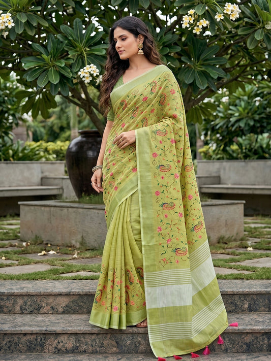 Sutriti Women Premium Linen Saree with Placement Embroidery and Tassel Pallu
