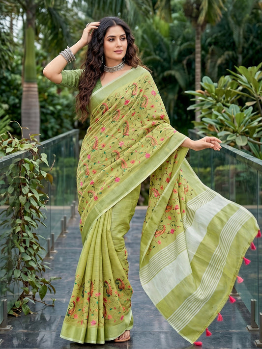 Sutriti Women Premium Linen Saree with Placement Embroidery and Tassel Pallu