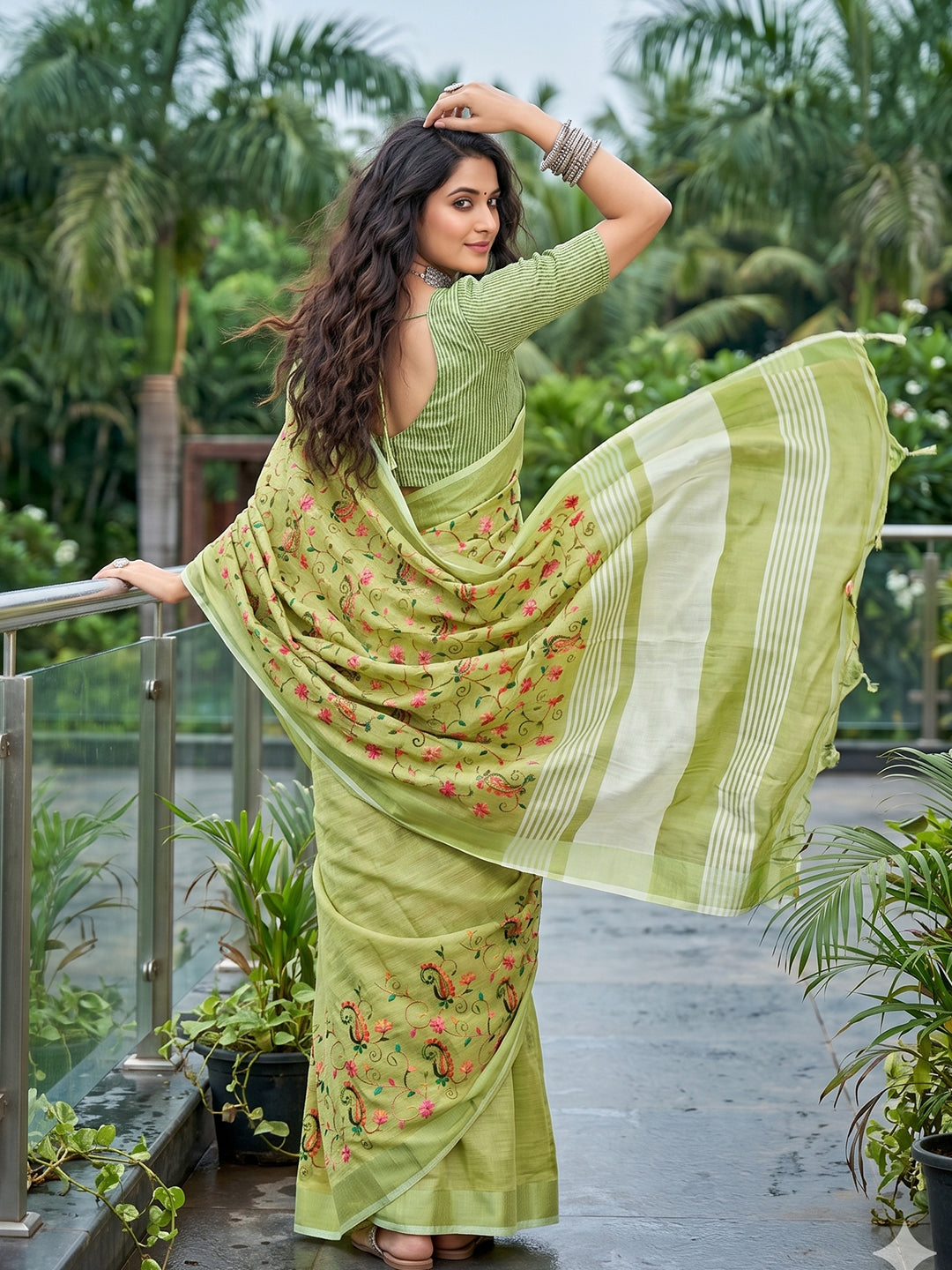 Sutriti Women Premium Linen Saree with Placement Embroidery and Tassel Pallu