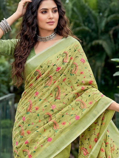 Sutriti Women Premium Linen Saree with Placement Embroidery and Tassel Pallu