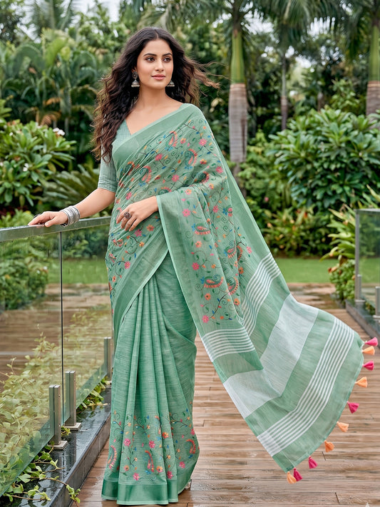 Sutriti Women Premium Linen Saree with Placement Embroidery and Tassel Pallu