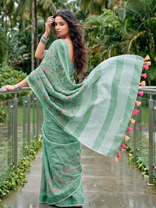 Sutriti Women Premium Linen Saree with Placement Embroidery and Tassel Pallu