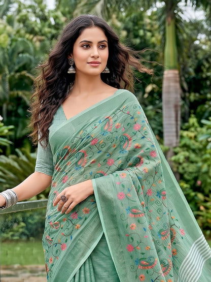 Sutriti Women Premium Linen Saree with Placement Embroidery and Tassel Pallu