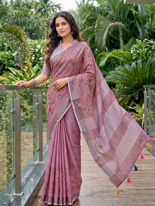 Sutriti Women Premium Linen Saree with Placement Embroidery and Tassel Pallu