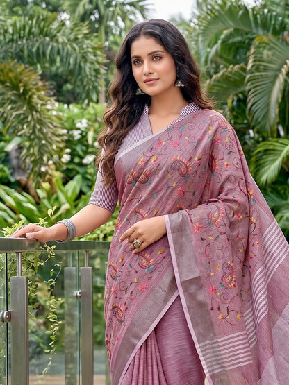 Sutriti Women Premium Linen Saree with Placement Embroidery and Tassel Pallu