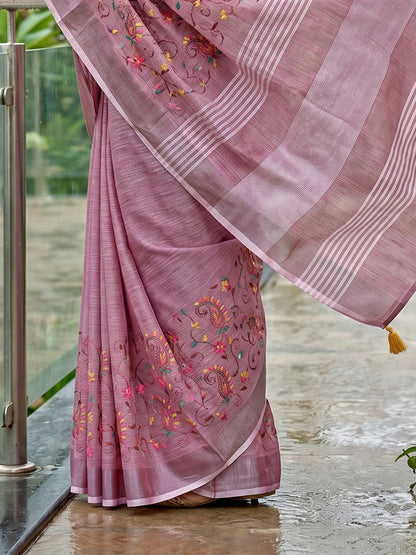 Sutriti Women Premium Linen Saree with Placement Embroidery and Tassel Pallu
