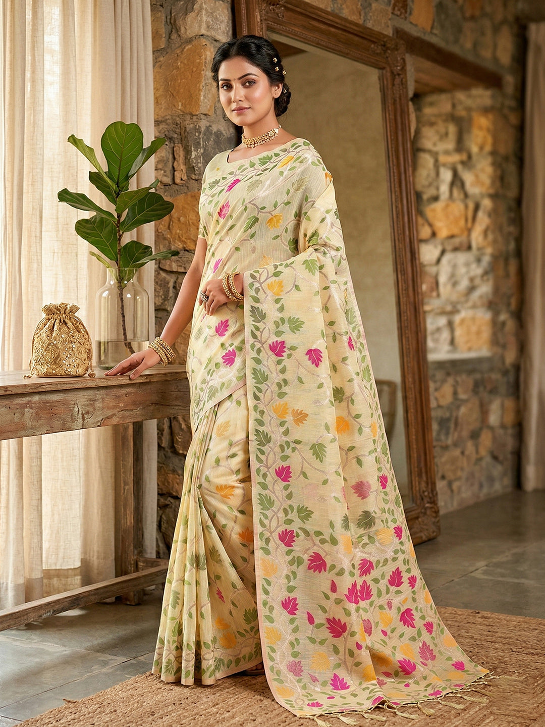 Sutriti ivory cream tissue silk floral print wedding saree floral collection