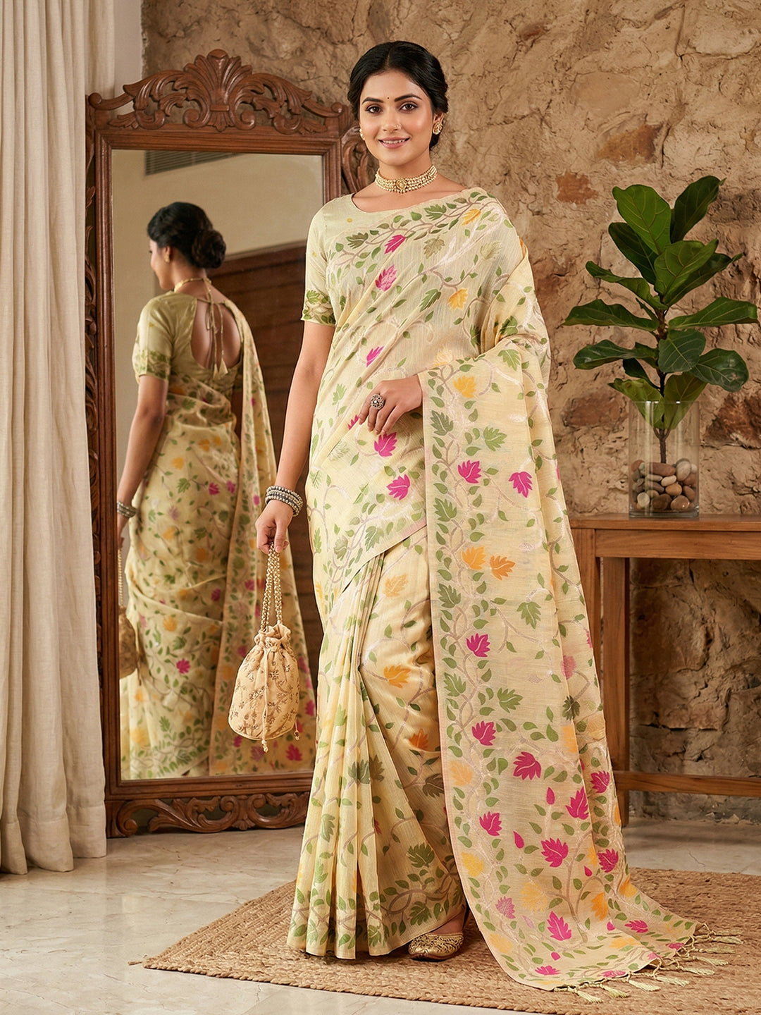 Sutriti ivory cream tissue silk floral print wedding saree floral collection