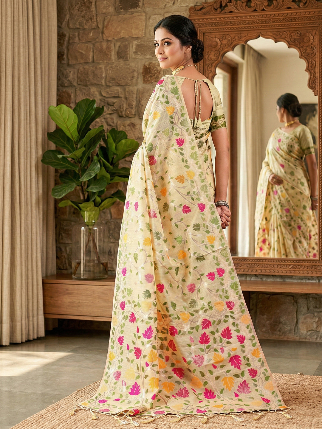 Sutriti ivory cream tissue silk floral print wedding saree floral collection