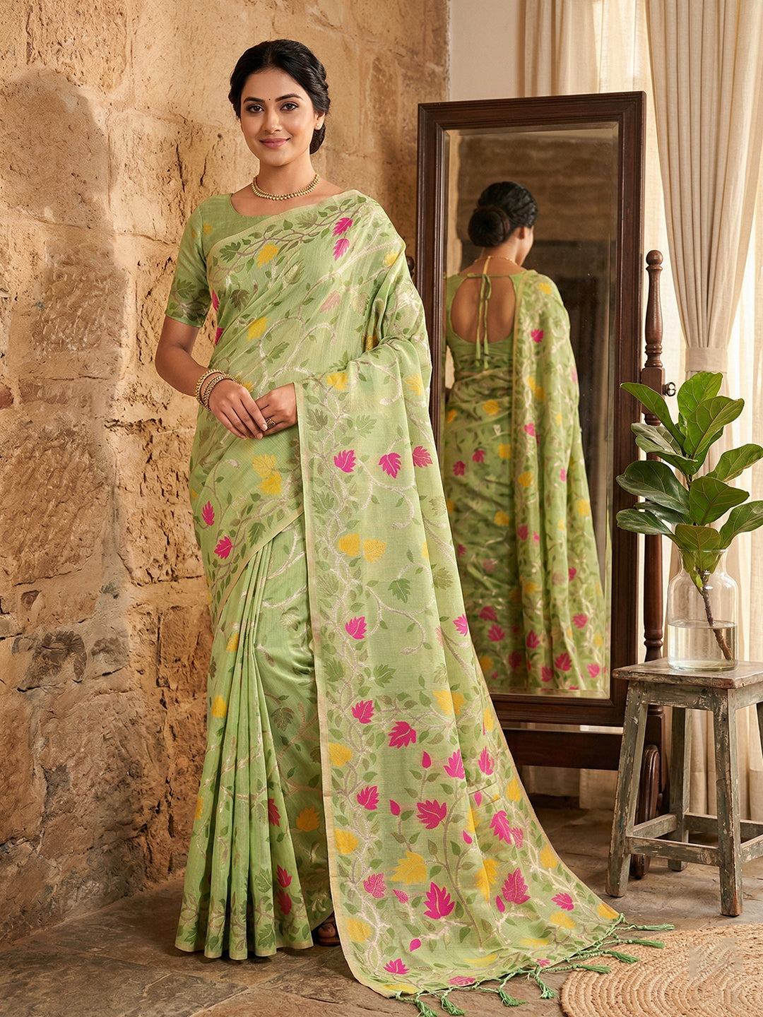 SUTRITI Multicolor Leaf Printed Saree for Women | Soft Lightweight Everyday Saree | Elegant Floral Vine Pallu & Border | Party, Office, Puja Wear | Includes Unstitched Blouse Piece(Pista Green)