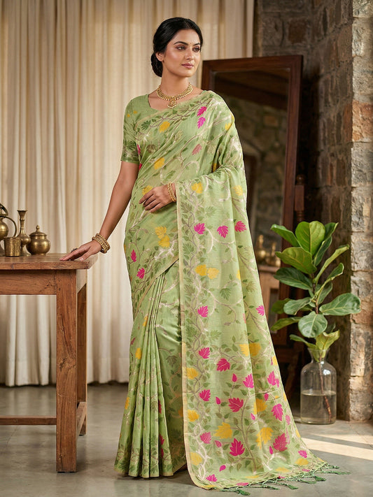 SUTRITI Multicolor Leaf Printed Saree for Women | Soft Lightweight Everyday Saree | Elegant Floral Vine Pallu & Border | Party, Office, Puja Wear | Includes Unstitched Blouse Piece(Pista Green)