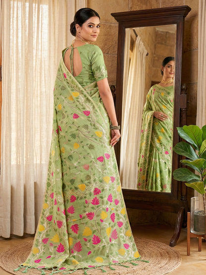 SUTRITI Multicolor Leaf Printed Saree for Women | Soft Lightweight Everyday Saree | Elegant Floral Vine Pallu & Border | Party, Office, Puja Wear | Includes Unstitched Blouse Piece(Pista Green)