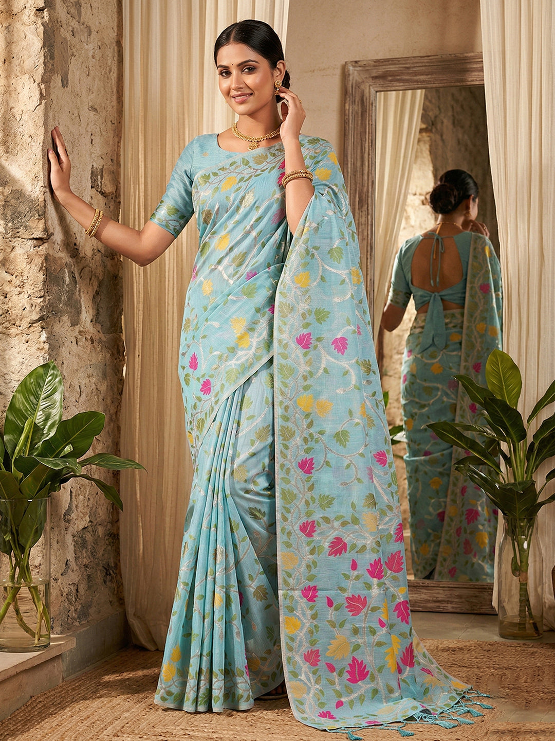 Sutriti powder blue tissue silk floral print wedding saree floral collection