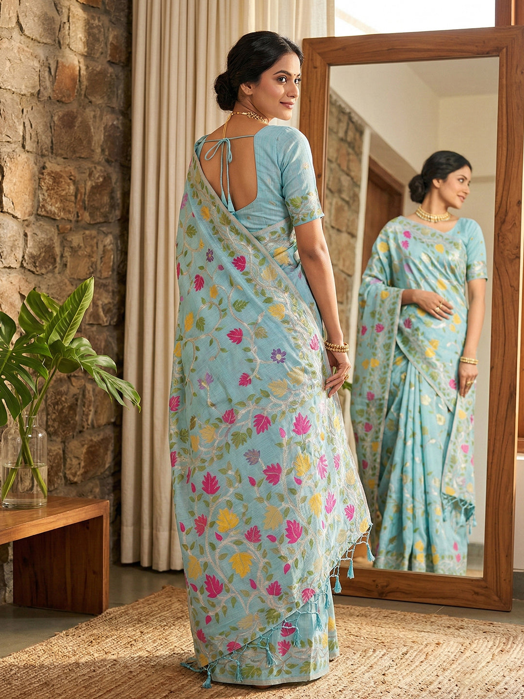 Sutriti powder blue tissue silk floral print wedding saree floral collection