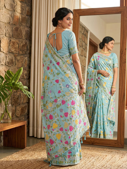 Sutriti powder blue tissue silk floral print wedding saree floral collection