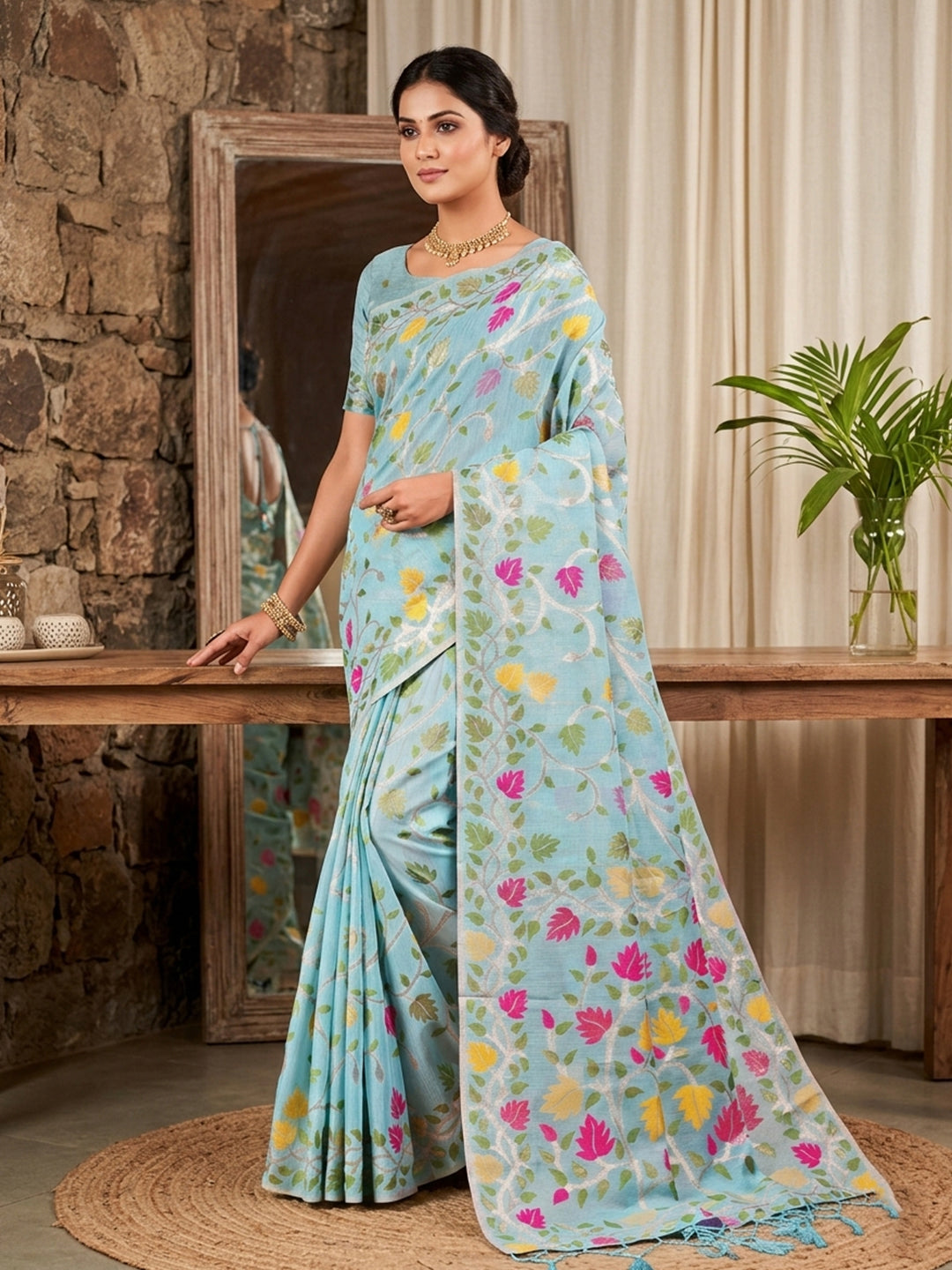 Sutriti powder blue tissue silk floral print wedding saree floral collection