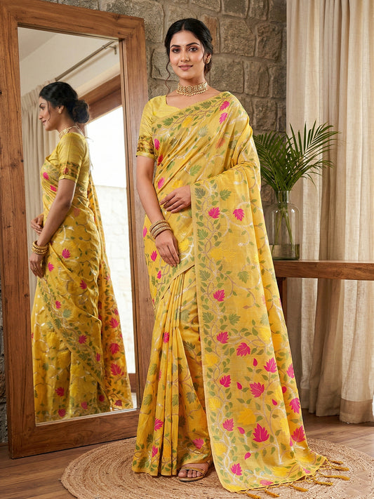Sutriti sunshine yellow tissue silk floral print wedding saree floral collection