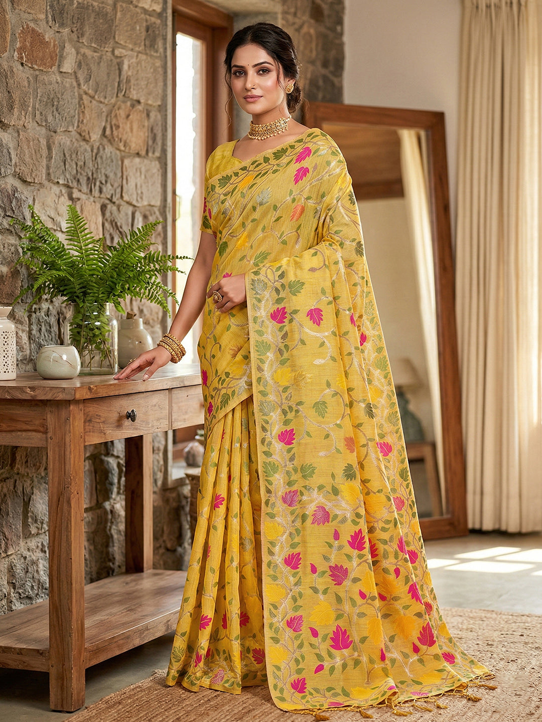 Sutriti sunshine yellow tissue silk floral print wedding saree floral collection