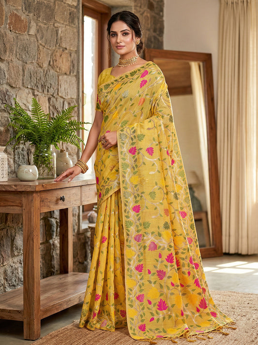 Sutriti sunshine yellow tissue silk floral print wedding saree floral collection