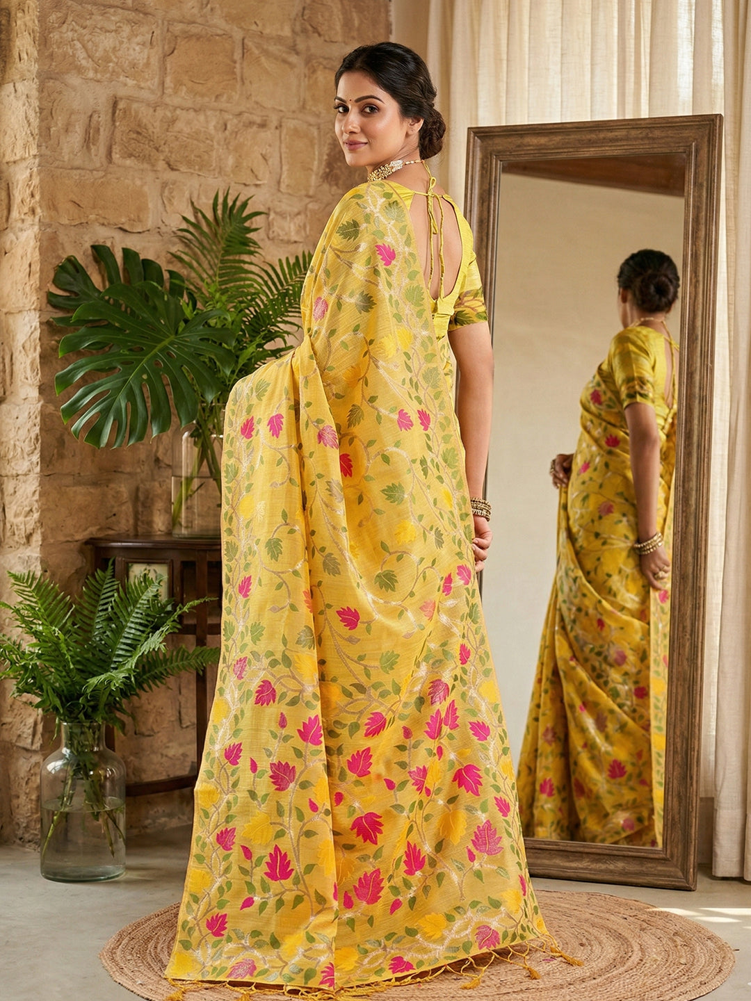 Sutriti sunshine yellow tissue silk floral print wedding saree floral collection