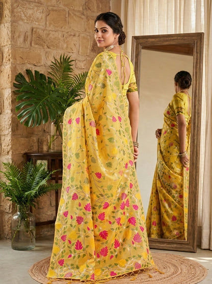 Sutriti sunshine yellow tissue silk floral print wedding saree floral collection