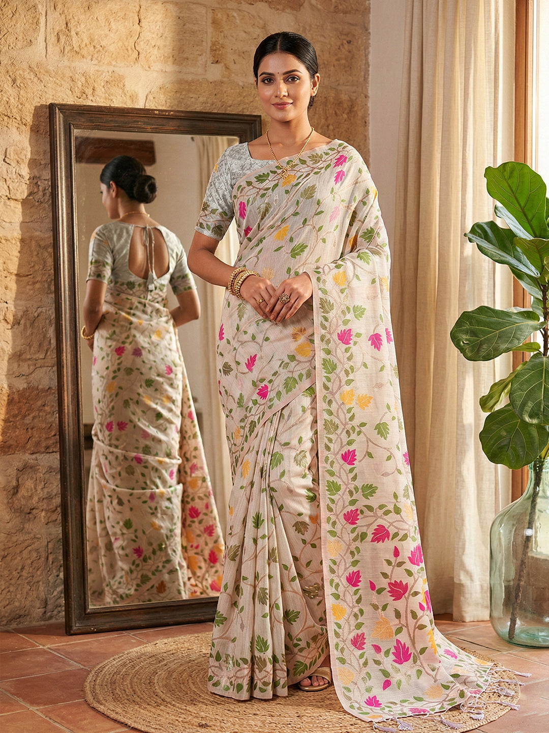 Sutriti off white tissue silk floral print wedding saree floral collection