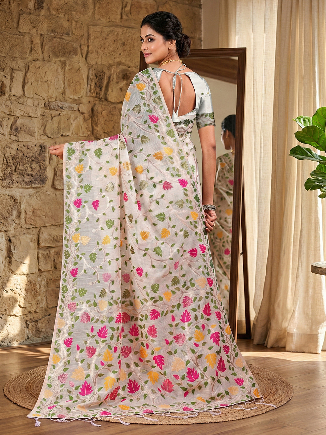 Sutriti off white tissue silk floral print wedding saree floral collection