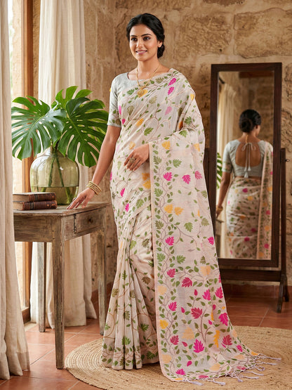 Sutriti off white tissue silk floral print wedding saree floral collection