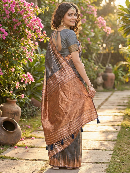Sutriti charcoal grey tissue silk rose gold zari striped pallu wedding saree rose gold collection