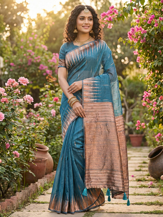 Sutriti teal blue tissue silk rose gold zari striped pallu wedding saree rose gold collection