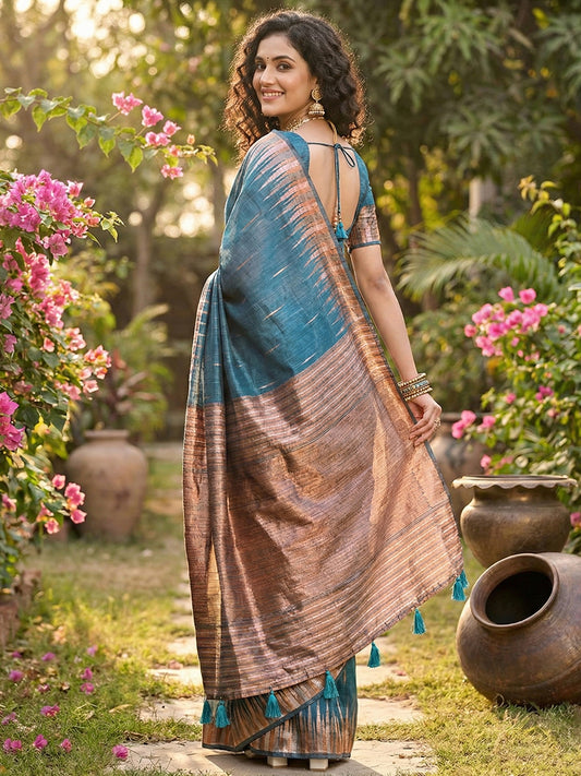 Sutriti teal blue tissue silk rose gold zari striped pallu wedding saree rose gold collection